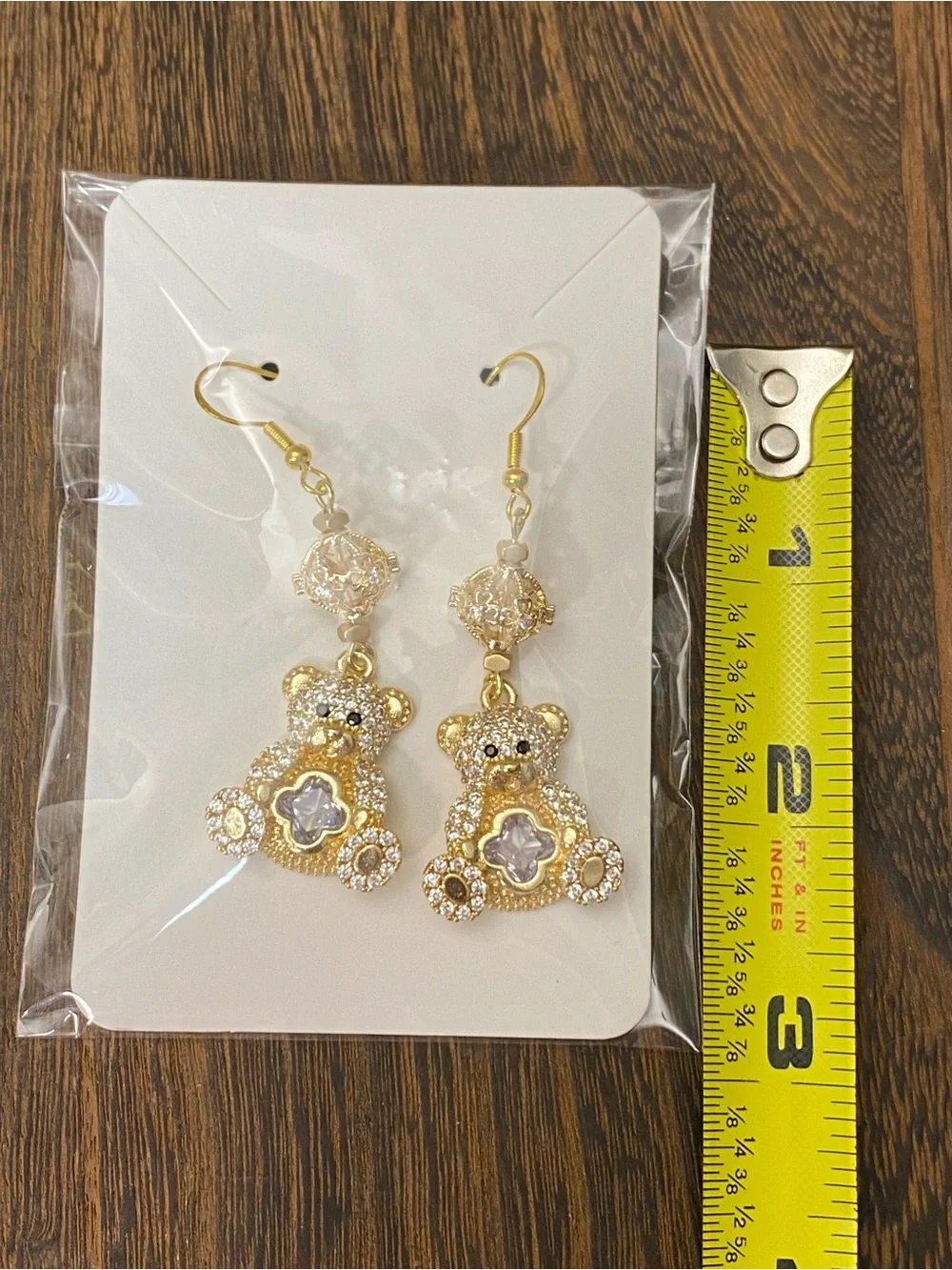 Jenny Leigh Rhinestone Gold Tone Teddy Bear Dangle Earrings NWT